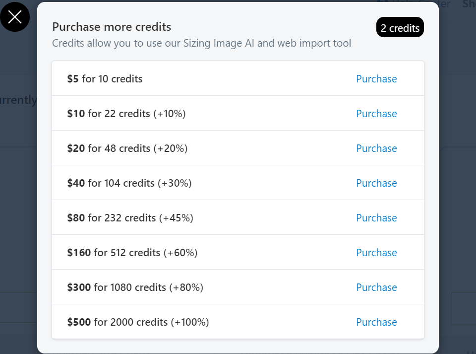 Purchasing Credits In Kiwi For Sizing Image Ai And Web Import Tool